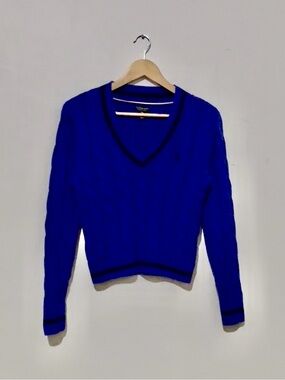 U.S. Polo Assn. Royal Blue V-Neck Cable Knit Sweater with Contrast Trim
